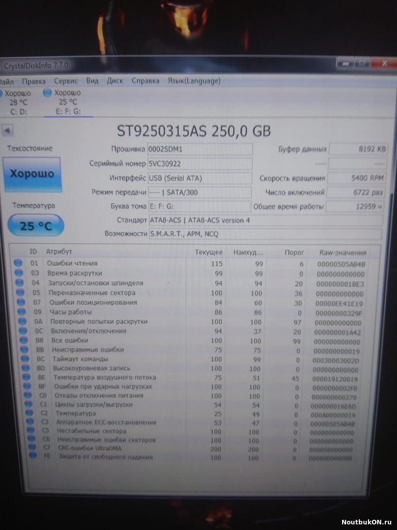 Жесткий диск 2,5" 250 Gb Seagate ST9250315AS S/N: 5VC30922 вкл. 6722 раз., пробег 12959 ч. д.п. 14.05.2009