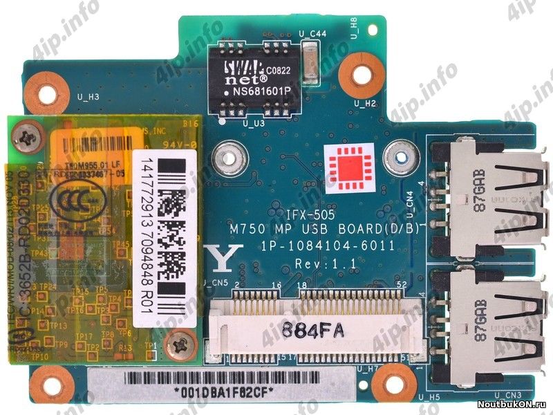 Плата USB разъемов для ноутбука Sony PCG-5N4P VGN-SR19 IFX-505 M750 MP USB BOARD 1P-1084104-6011 REV.1.1