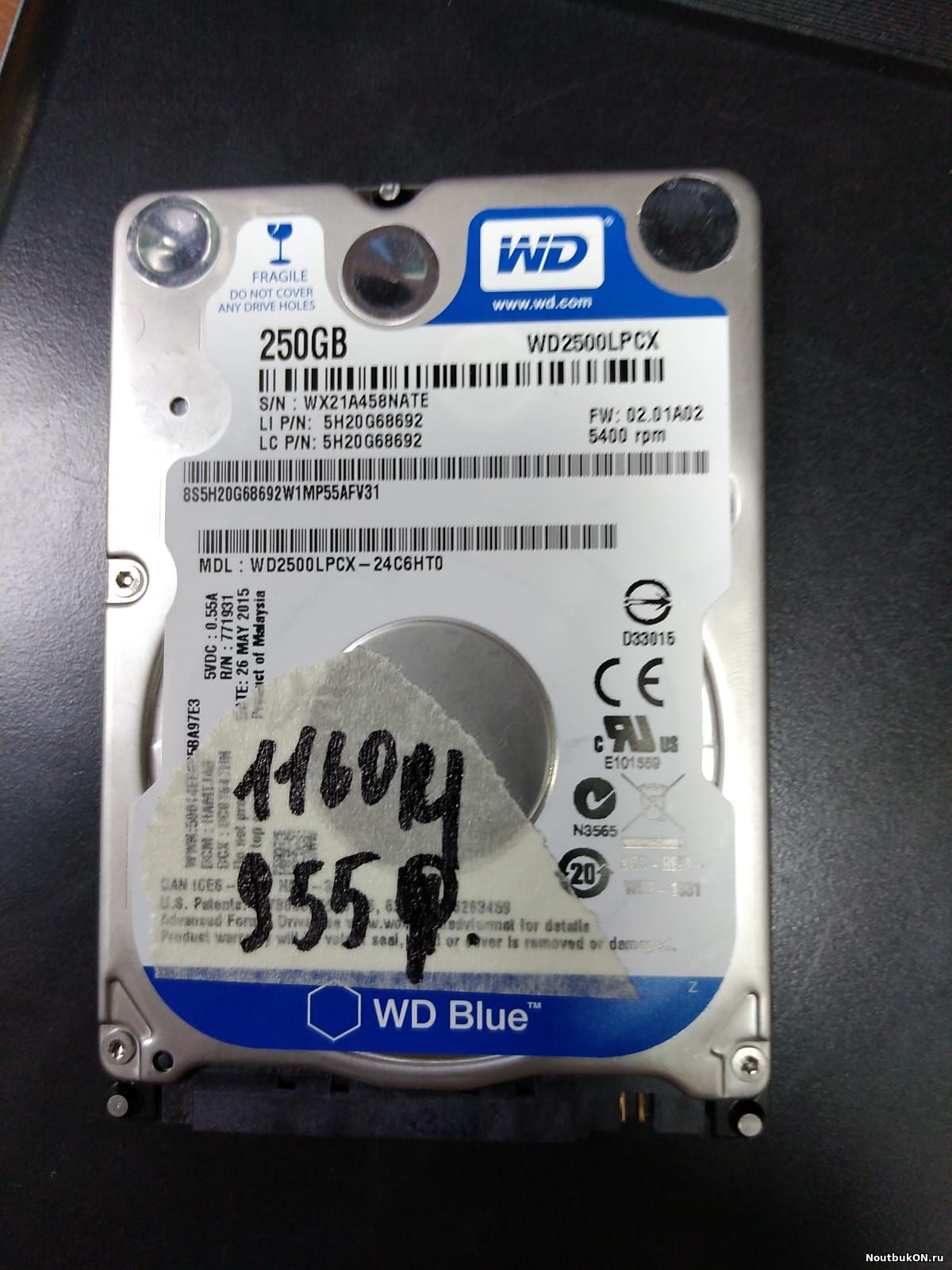 Жесткий диск 2,5" slim 250 Gb Western Digital WD2500LPCX s/n: WX21A458NATE вкл. 955 раз., пробег 1160 ч. д.п. 26.05.2015